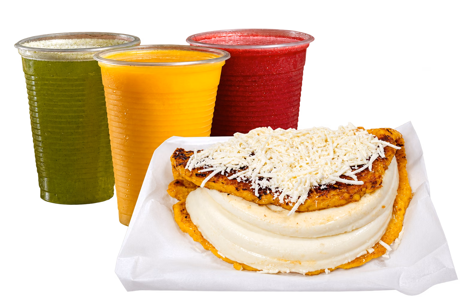 Montaje de los tres jugos y la cachapa con queso a partir de fotografías de El Arepazo Doral
